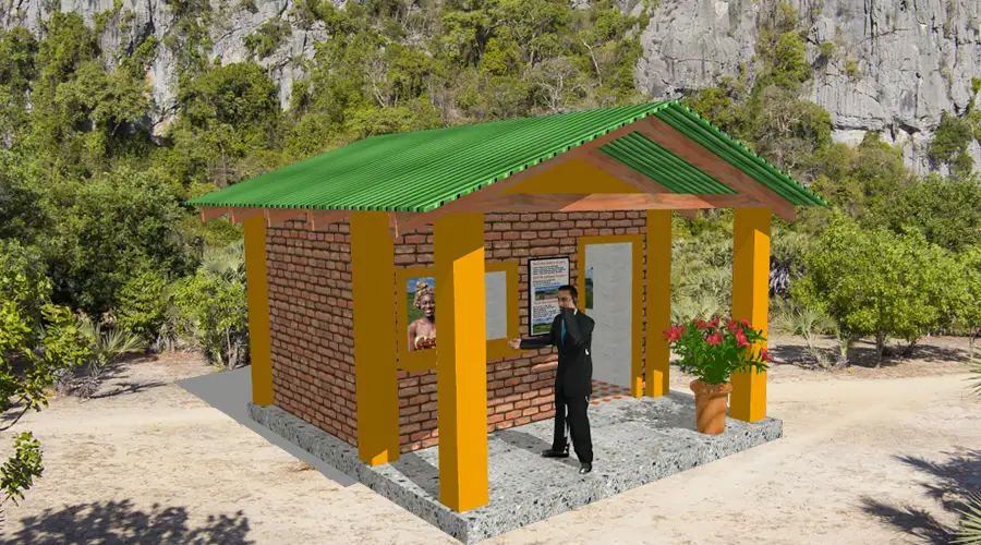 Espace d’accueil en maçonnerie traditionnelle avec toiture métallique