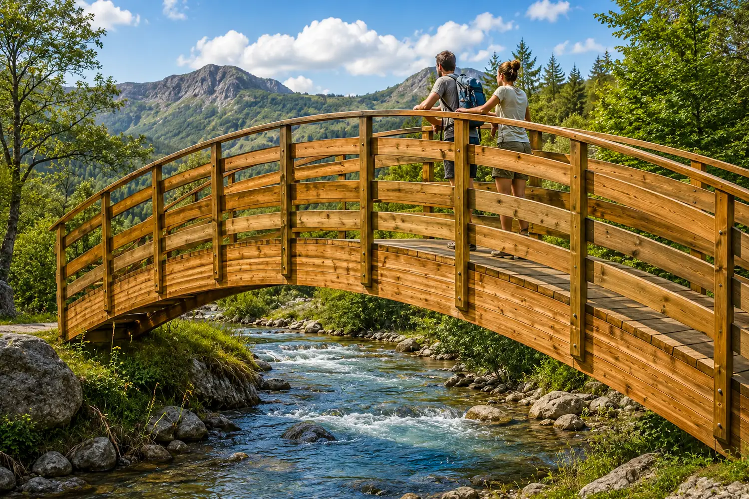 Passerelle en bois courbe intégrée dans un environnement naturel