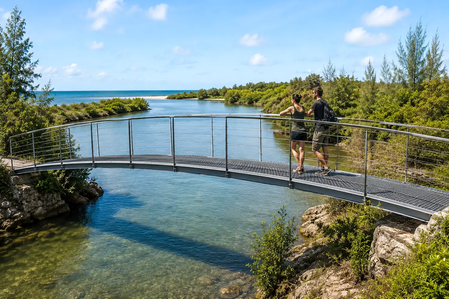 Passerelle métallique courbe intégrée dans un environnement naturel